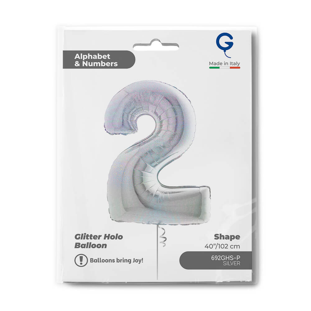 Number 2 Glitter Holographic Silver 40inc - Afbeelding 2