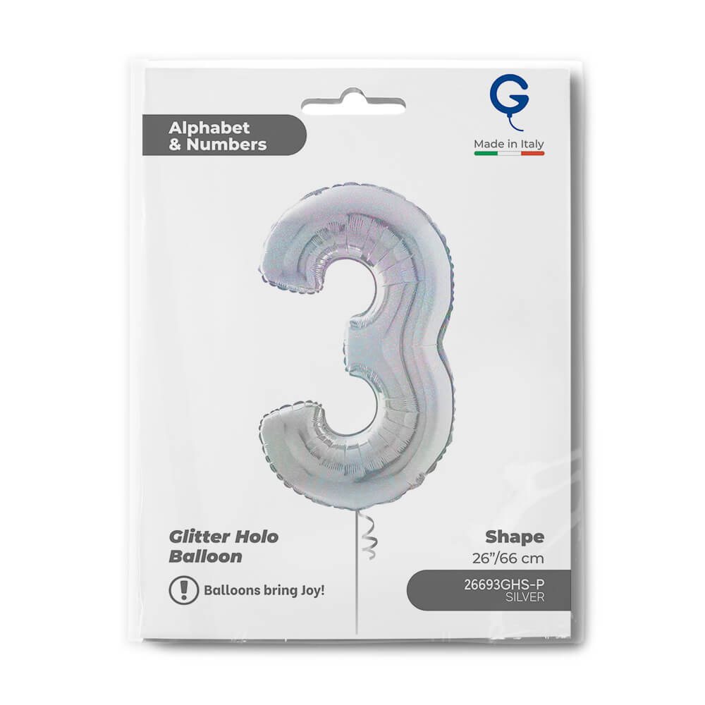 Number 3 Glitter Holographic Silver 26inc - Afbeelding 2
