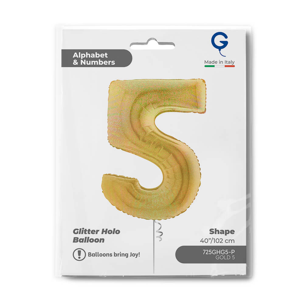 Number 5 Glitter Holographic Gold 5 40inc - Afbeelding 2