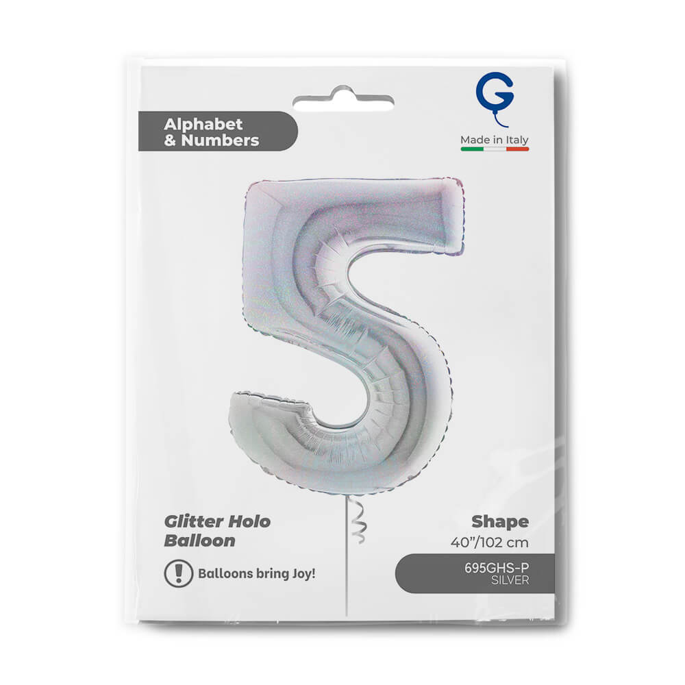 Number 5 Glitter Holographic Silver 40inc - Afbeelding 2