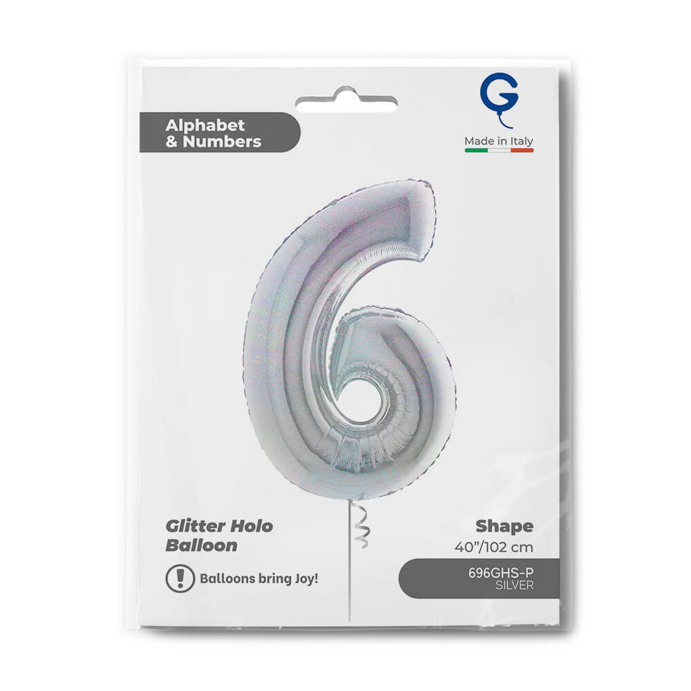 Number 6 Glitter Holographic Silver 40inc - Afbeelding 2