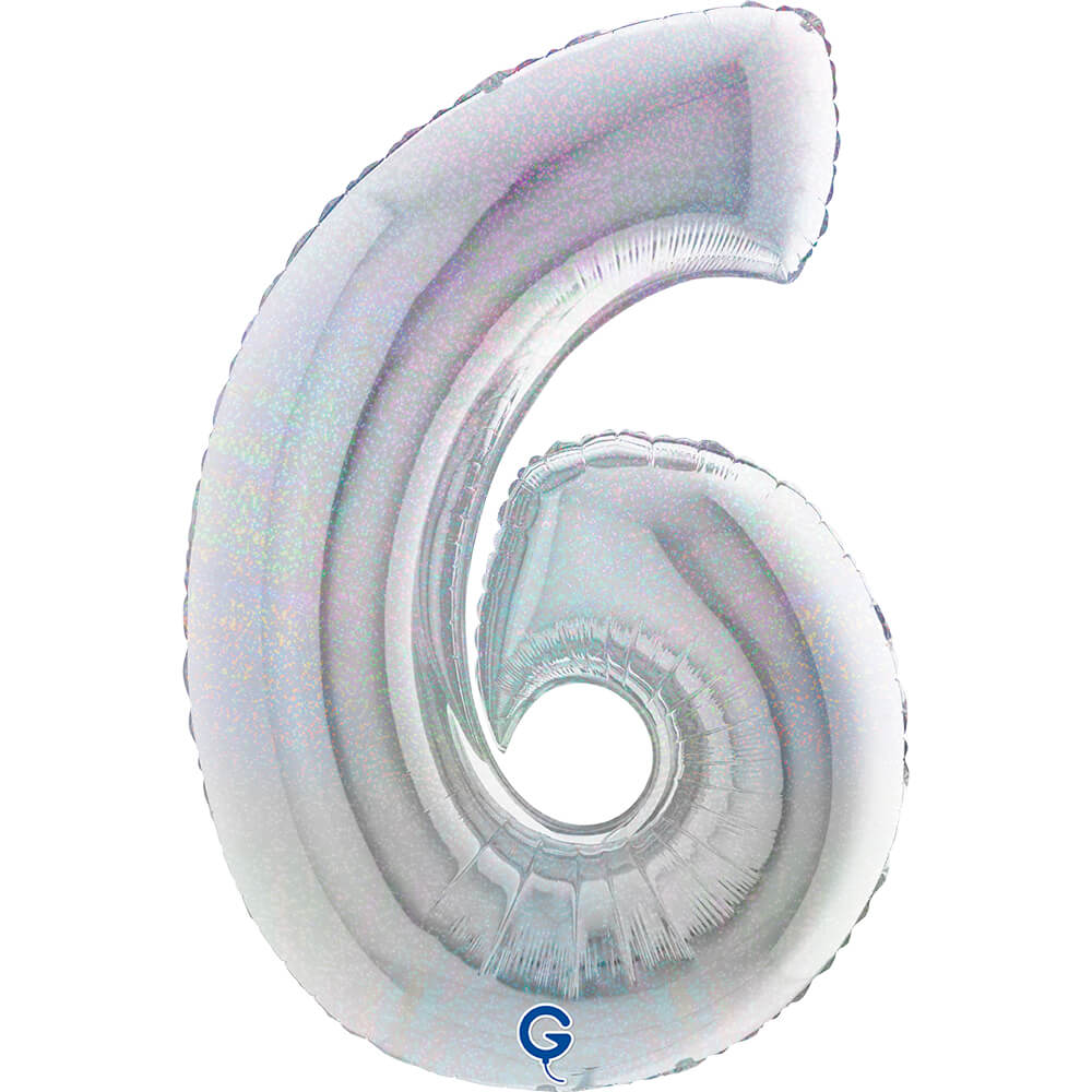 Number 6 Glitter Holographic Silver 40inc