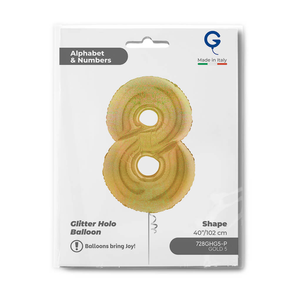 Number 8 Glitter Holographic Gold 5 40inc - Afbeelding 2